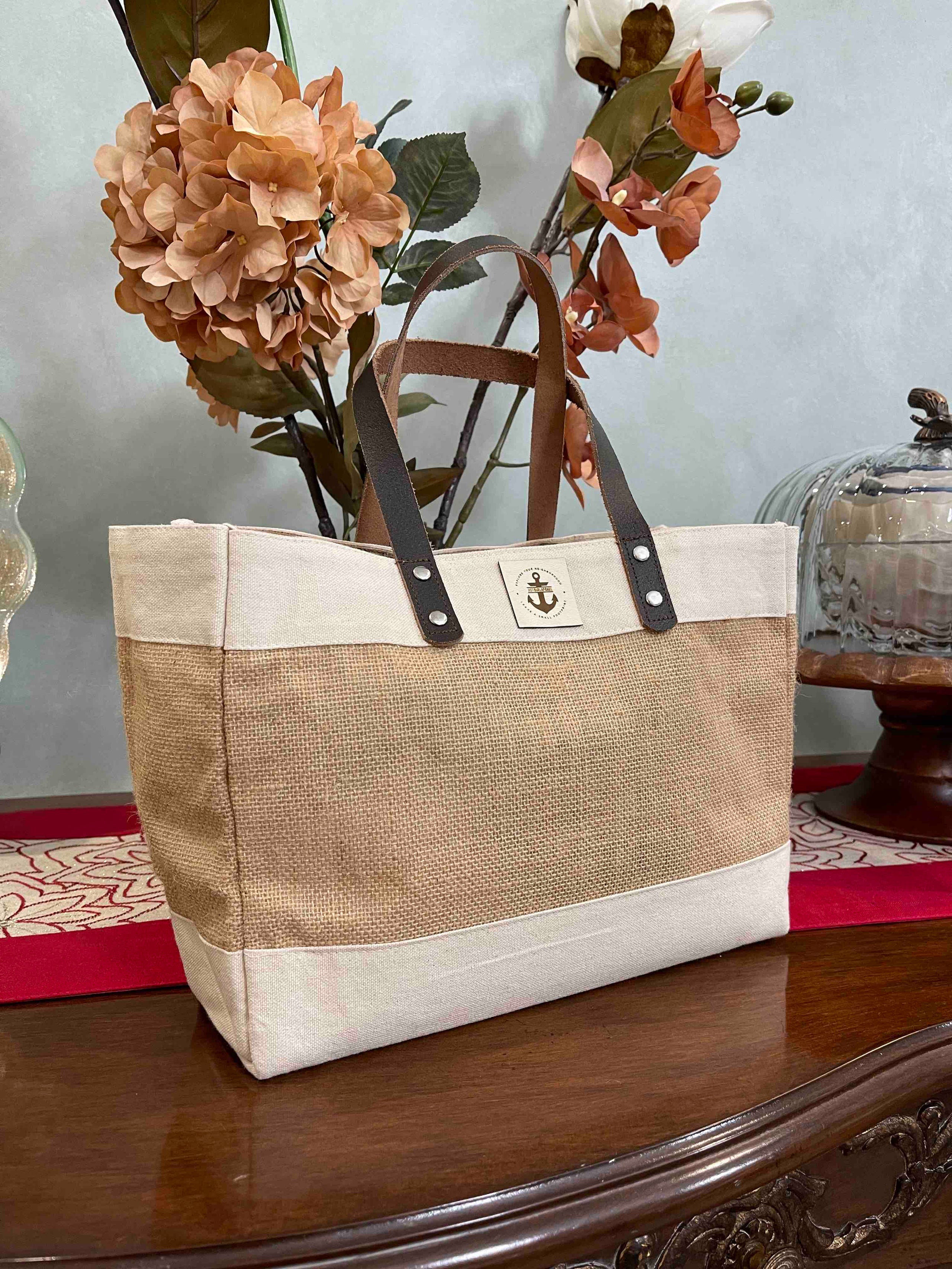Burlap tote with leather handles cheap