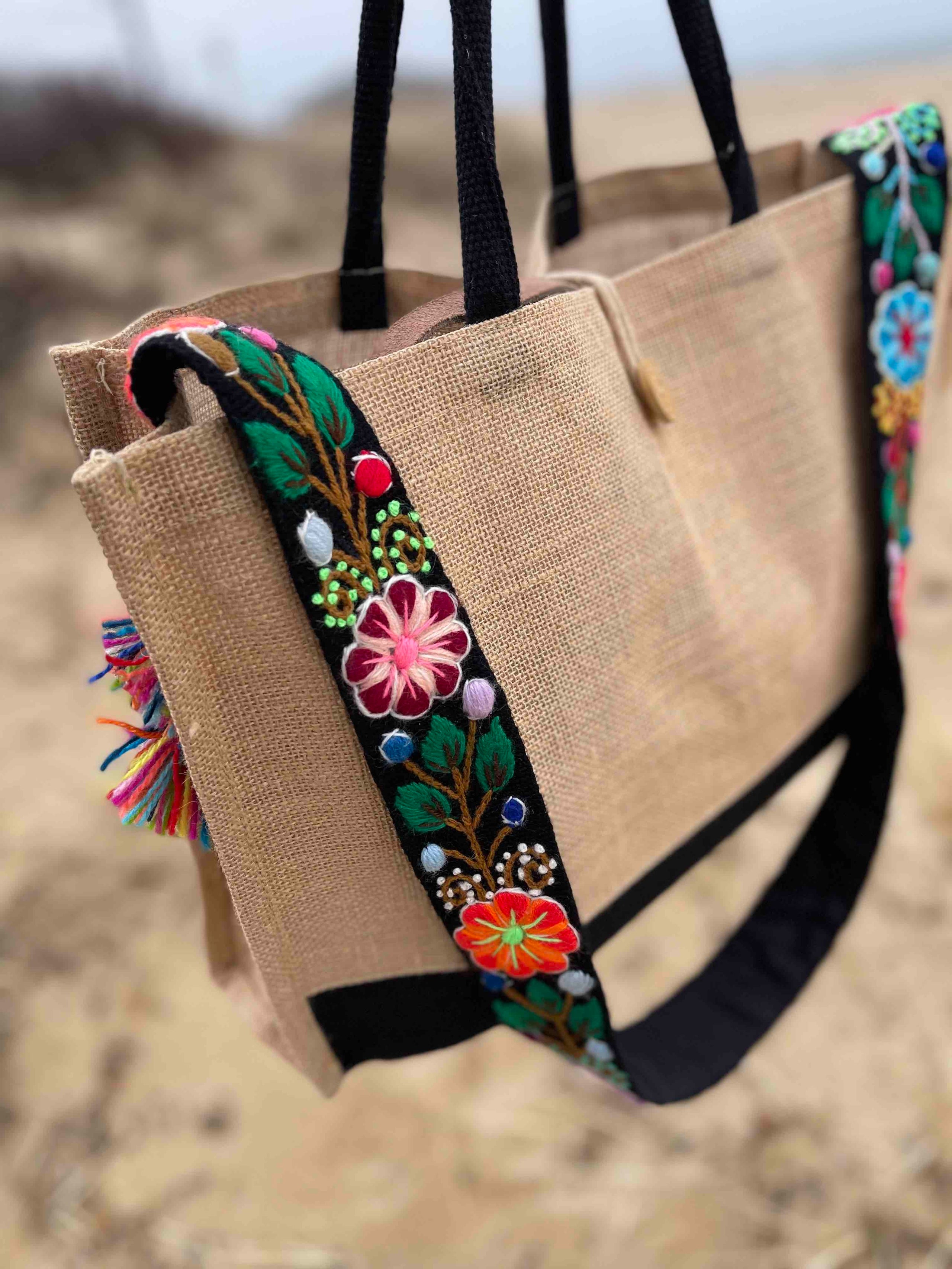 The Macari Tote a collaborative eco friendly bag created by Just Burlap Bags and Lanallama Just Burlap Bags